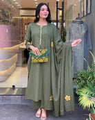 Olive Green Chanderi Beautiful Anarkali Suit Set - BONYHUBSALWAR KAMEEZ