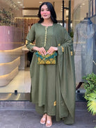 Olive Green Chanderi Beautiful Anarkali Suit Set - BONYHUBSALWAR KAMEEZ