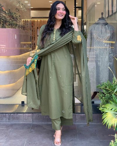 Olive Green Chanderi Beautiful Anarkali Suit Set - BONYHUBSALWAR KAMEEZ