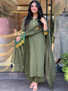 Olive Green Chanderi Beautiful Anarkali Suit Set - BONYHUBSALWAR KAMEEZ