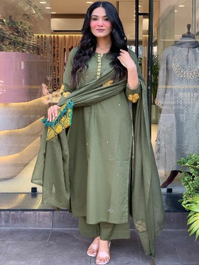 Olive Green Chanderi Beautiful Anarkali Suit Set - BONYHUBSALWAR KAMEEZ