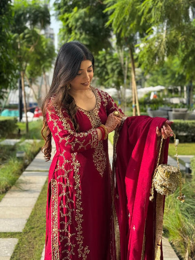 Royal Maroon Georgette Embroidery Straight Suit
