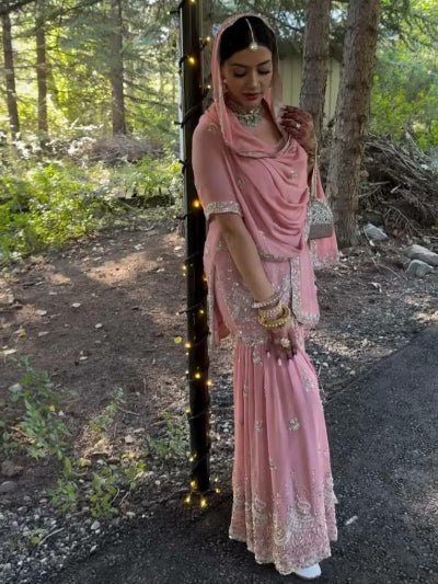 Baby Pink Georgette Embroidery Moti Work Sharara Suit - BONYHUBSALWAR KAMEEZ