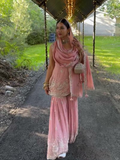 Baby Pink Georgette Embroidery Moti Work Sharara Suit - BONYHUBSALWAR KAMEEZ
