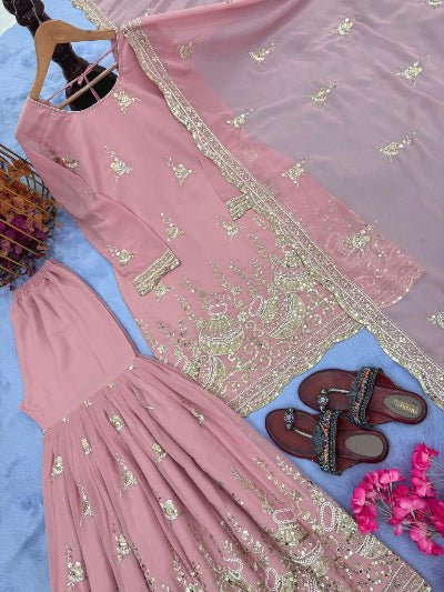 Baby Pink Georgette Embroidery Moti Work Sharara Suit - BONYHUBSALWAR KAMEEZ
