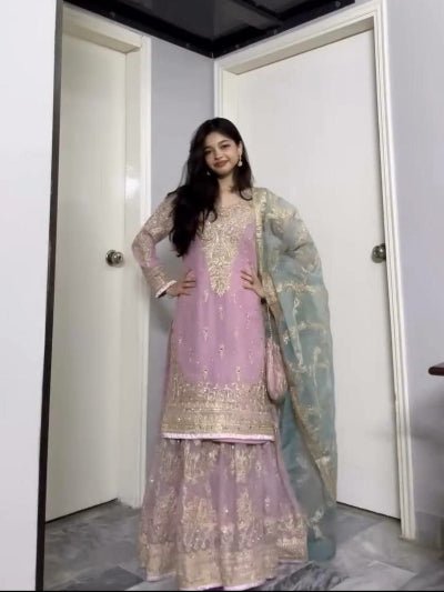 Pastel Pink Embroidered Sharara Suit With Powder Blue Dupatta - BONYHUBSALWAR KAMEEZ