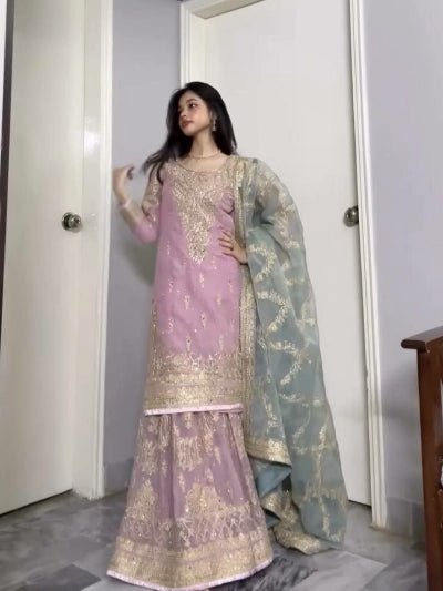 Pastel Pink Embroidered Sharara Suit With Powder Blue Dupatta - BONYHUBSALWAR KAMEEZ