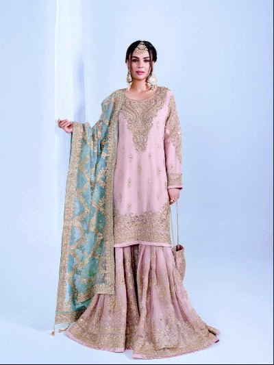 Pastel Pink Embroidered Sharara Suit With Powder Blue Dupatta - BONYHUBSALWAR KAMEEZ