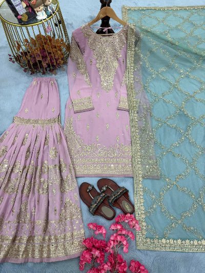 Pastel Pink Embroidered Sharara Suit With Powder Blue Dupatta - BONYHUBSALWAR KAMEEZ
