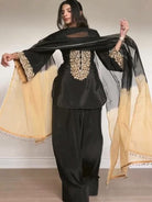 Black Satin Embroidery Farshi Suit With Organza Dupatta - BONYHUBSALWAR KAMEEZ