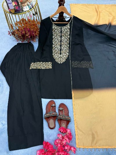 Black Satin Embroidery Farshi Suit With Organza Dupatta - BONYHUBSALWAR KAMEEZ
