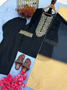 Black Satin Embroidery Farshi Suit With Organza Dupatta - BONYHUBSALWAR KAMEEZ