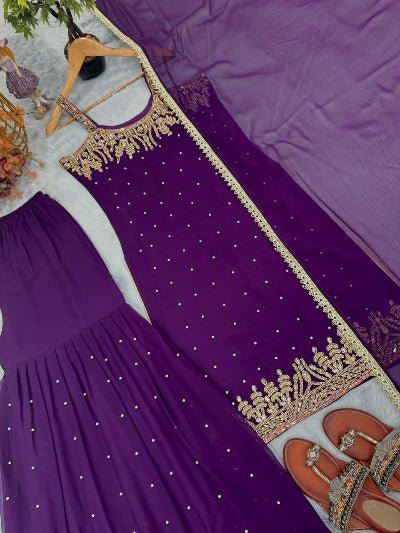 Purple Georgette Mirror Handwork Embroidered Sharara Suit - BONYHUBSALWAR KAMEEZ