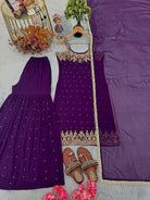 Purple Georgette Mirror Handwork Embroidered Sharara Suit - BONYHUBSALWAR KAMEEZ