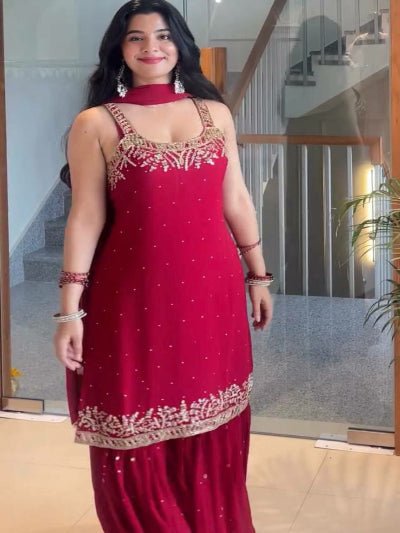 Red Georgette Mirror Handwork Embroidered Sharara Suit - BONYHUBSALWAR KAMEEZ