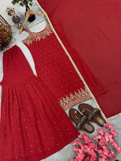 Red Georgette Mirror Handwork Embroidered Sharara Suit - BONYHUBSALWAR KAMEEZ