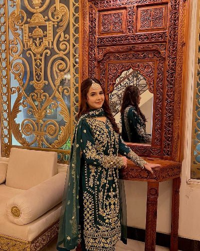 Teal Blue Georgette Rich Sequins Work Sharara Palazzo Suit - BONYHUBSALWAR KAMEEZ