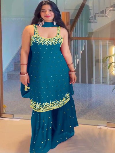 Blue Georgette Mirror Handwork Embroidered Sharara Suit - BONYHUBSALWAR KAMEEZ