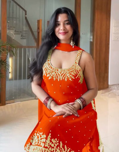 Orange Georgette Mirror Handwork Embroidered Sharara Suit - BONYHUBSALWAR KAMEEZ