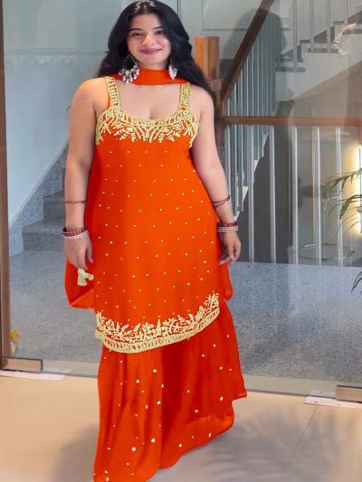 Orange Georgette Mirror Handwork Embroidered Sharara Suit - BONYHUBSALWAR KAMEEZ