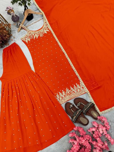 Orange Georgette Mirror Handwork Embroidered Sharara Suit - BONYHUBSALWAR KAMEEZ
