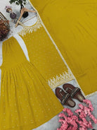 Mustard Georgette Mirror Handwork Embroidered Sharara Suit - BONYHUBSALWAR KAMEEZ