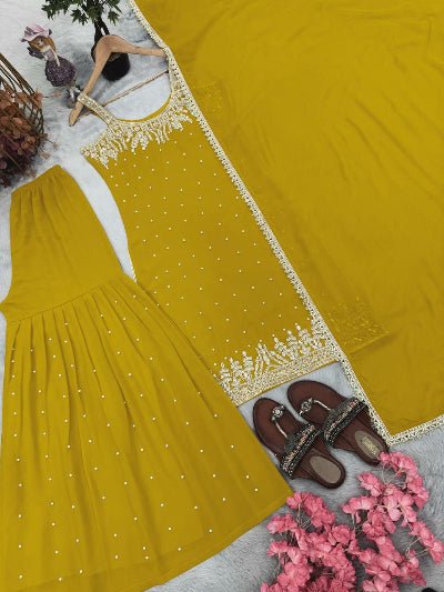 Mustard Georgette Mirror Handwork Embroidered Sharara Suit - BONYHUBSALWAR KAMEEZ