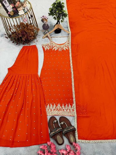 Orange Georgette Mirror Handwork Embroidered Sharara Suit - BONYHUBSALWAR KAMEEZ