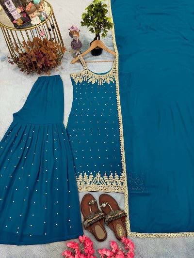 Blue Georgette Mirror Handwork Embroidered Sharara Suit - BONYHUBSALWAR KAMEEZ