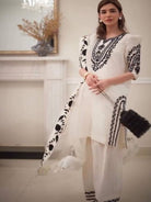 White Natural Crepe Black Embroidered Farshi Suit - BONYHUBSALWAR KAMEEZ
