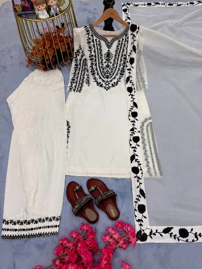 White Natural Crepe Black Embroidered Farshi Suit - BONYHUBSALWAR KAMEEZ