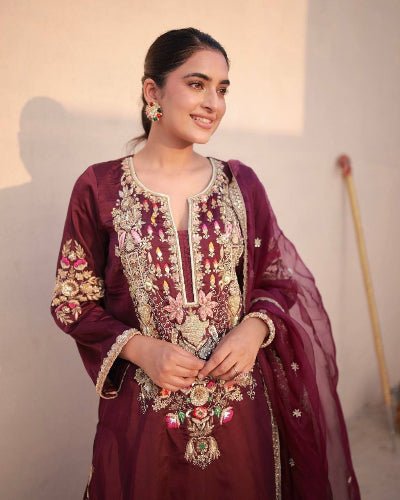 Maroon Satin Silk Embroidered Straight Suit Set - BONYHUBSALWAR KAMEEZ