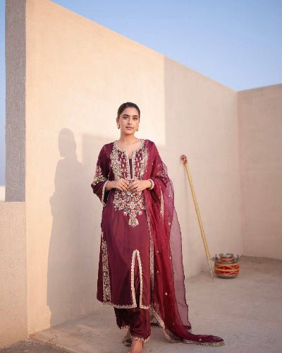Maroon Satin Silk Embroidered Straight Suit Set - BONYHUBSALWAR KAMEEZ