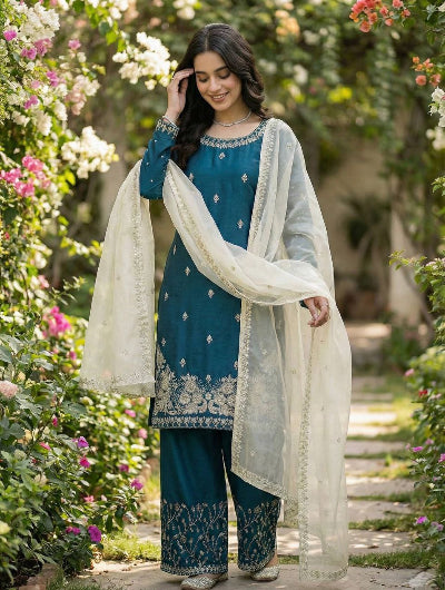 Turquoise Blue Silk Blend Embroidery Palazzo Suit