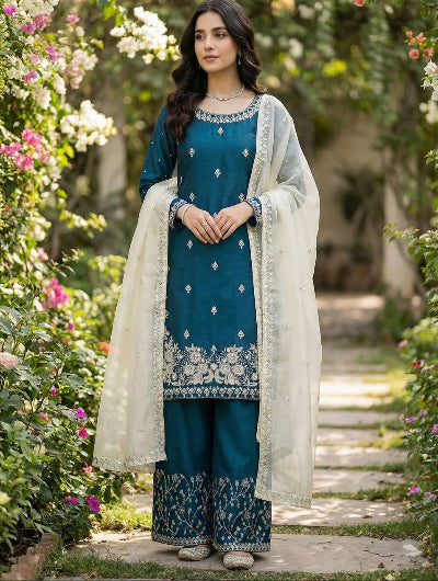 Turquoise Blue Silk Blend Embroidery Palazzo Suit