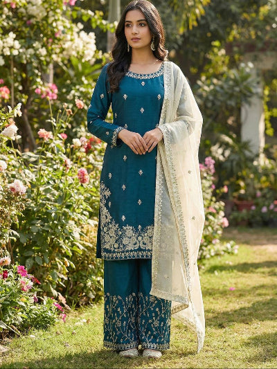 Turquoise Blue Silk Blend Embroidery Palazzo Suit