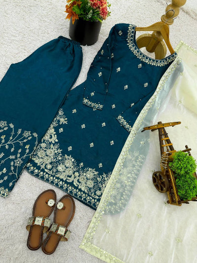 Turquoise Blue Silk Blend Embroidery Palazzo Suit