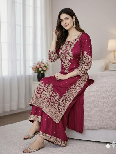 Magenta Tissue Silk Gold Rich Embroidery Palazzo Suit