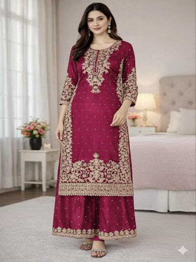 Magenta Tissue Silk Gold Rich Embroidery Palazzo Suit
