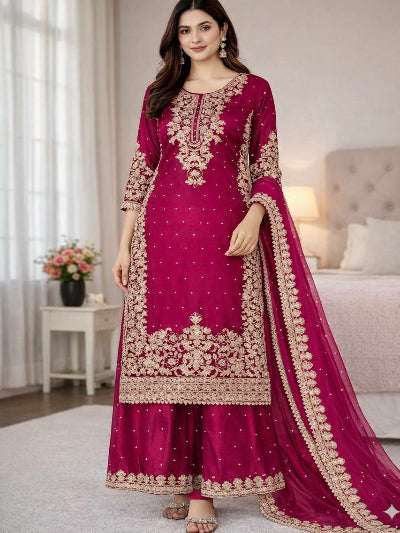 Magenta Tissue Silk Gold Rich Embroidery Palazzo Suit