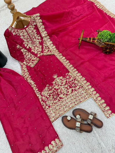 Magenta Tissue Silk Gold Rich Embroidery Palazzo Suit
