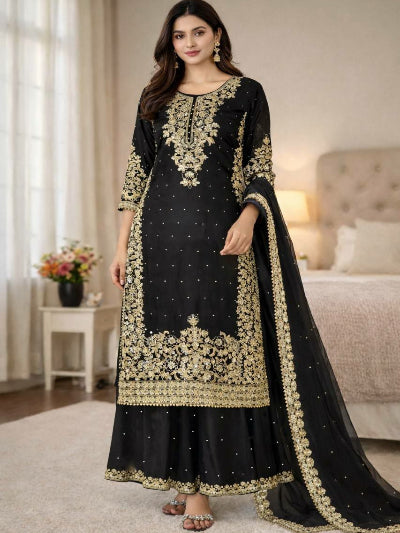 Black Tissue Silk Gold Rich Embroidery Palazzo Suit