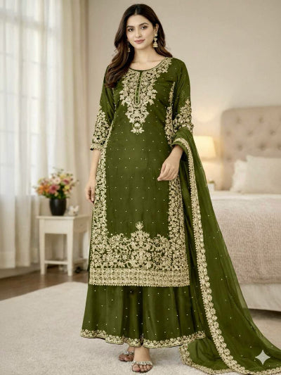 Olive Tissue Silk Gold Rich Embroidery Palazzo Suit
