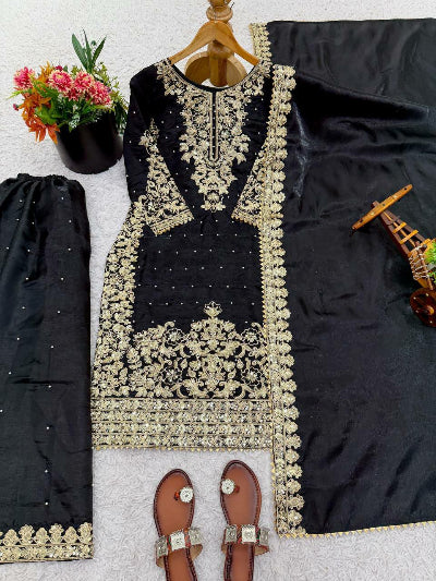Black Tissue Silk Gold Rich Embroidery Palazzo Suit