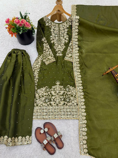 Olive Tissue Silk Gold Rich Embroidery Palazzo Suit