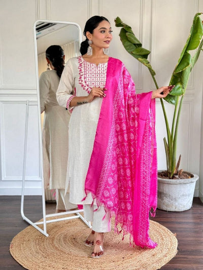 Off White Embroidered Cotton Straight Suit for Women