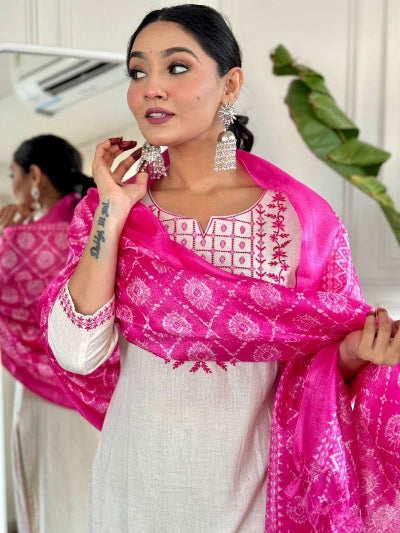 Off White Embroidered Cotton Straight Suit for Women