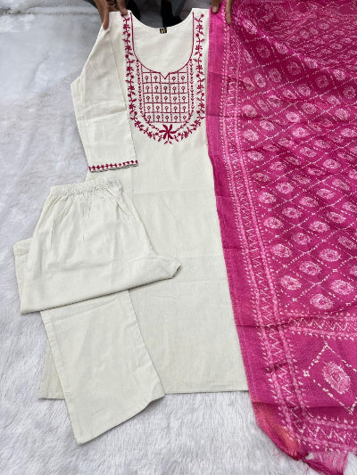 Off White Embroidered Cotton Straight Suit for Women