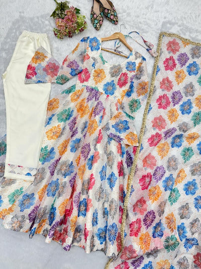White Multicolor Printed Anarkali Suit Set for Women