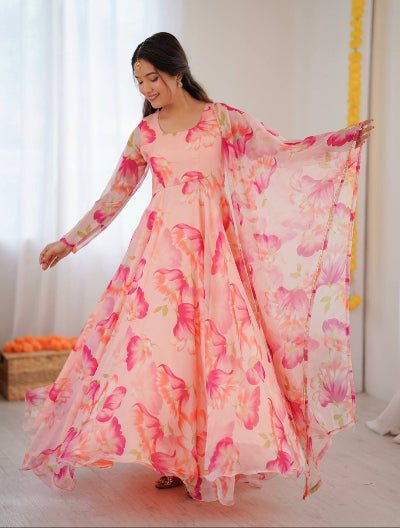 Pastel Pink Floral Anarkali Suit Set